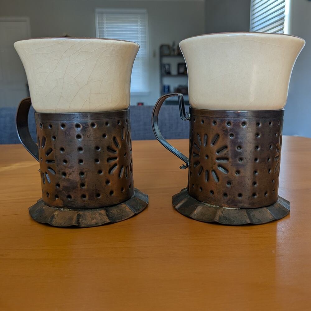 Vintage Pfaltzgraff Village Stoneware Mugs with Punched Copper Holders Set of 2